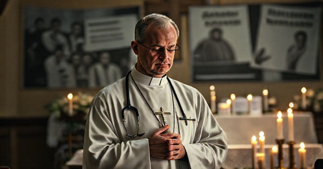 Realistyczny obraz przedstawiający katolickiego księdza modlącego się przed ołtarzem w otoczeniu symboli medycznych jako protest przeciwko aborcji