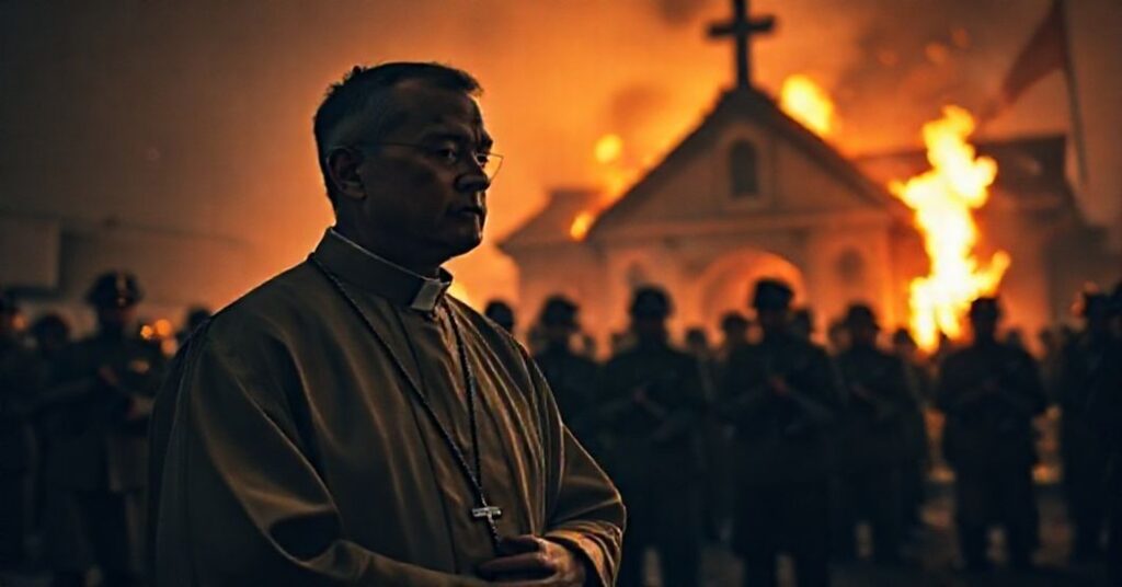 Katolicki ksiądz w tradycyjnym ornacie modli się przed palącym się kościołem w Chinach. Tło przedstawia żołnierzy komunistycznych. Scena symbolizuje prześladowania katolików w Chinach.