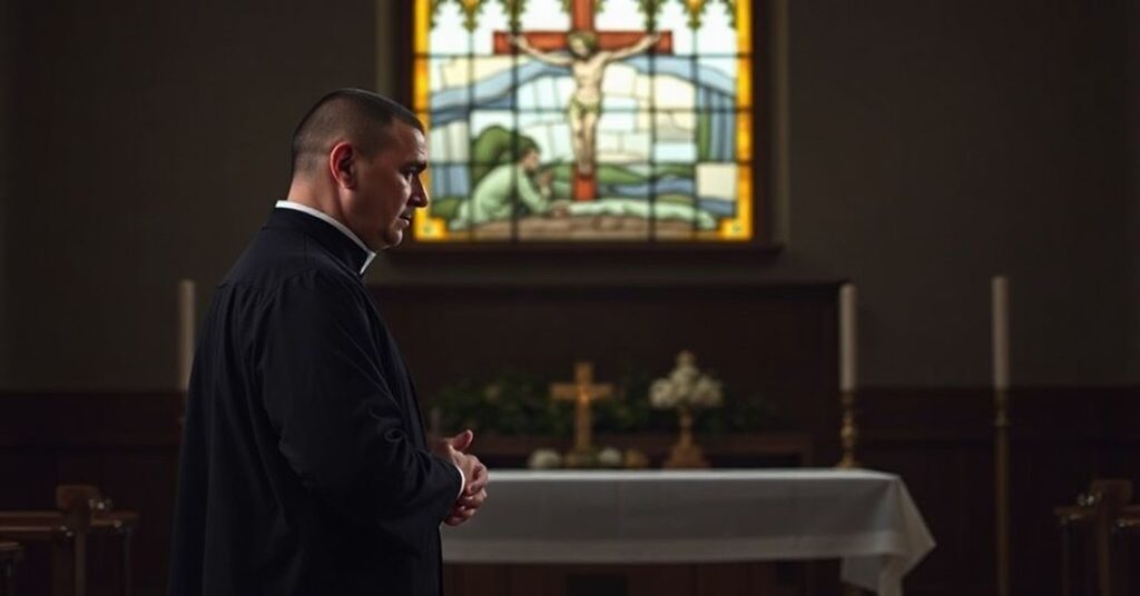 Tradycyjny ksiądz katolicki modli się przed pustością ołtarza w smutnej kaplicy