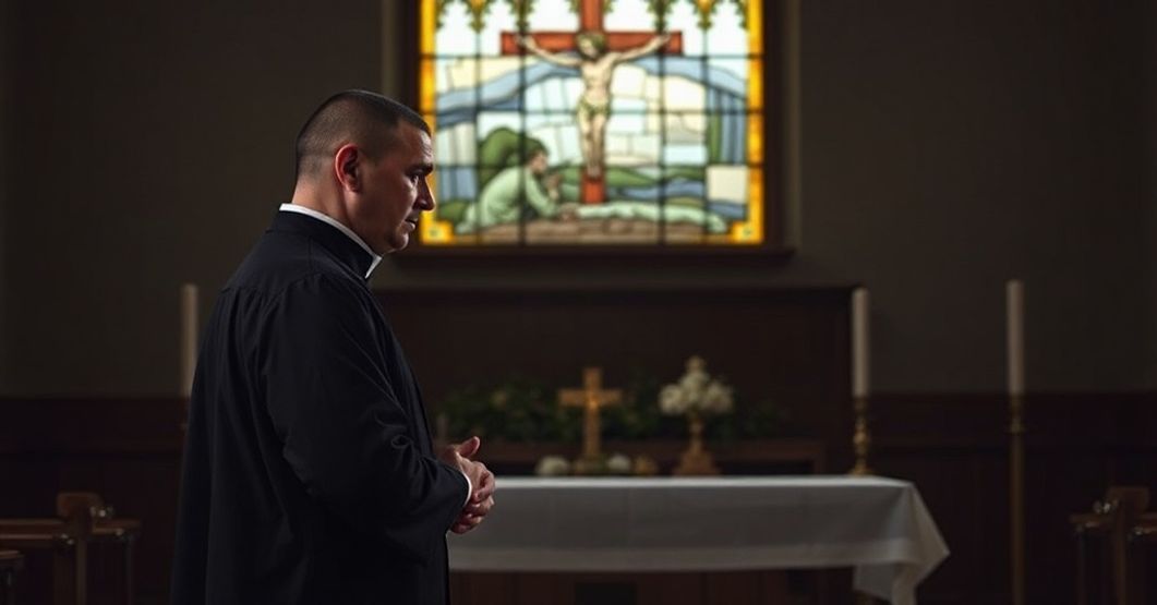 Tradycyjny ksiądz katolicki modli się przed pustością ołtarza w smutnej kaplicy