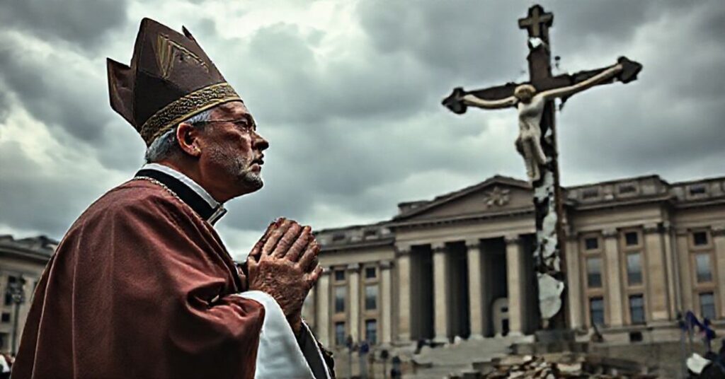 Zdjęcie przedstawiające tradycyjnego katolickiego księdza w modlitwie przed rozbitym krzyżem przed siedzibą Parlamentu Europejskiego.