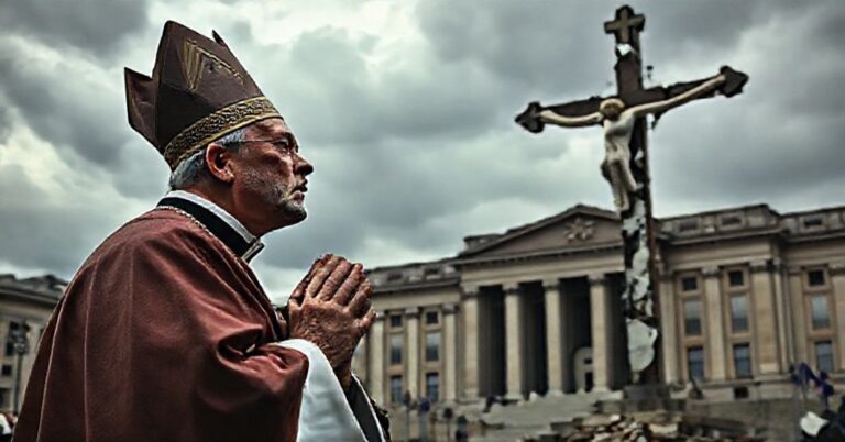 Zdjęcie przedstawiające tradycyjnego katolickiego księdza w modlitwie przed rozbitym krzyżem przed siedzibą Parlamentu Europejskiego.