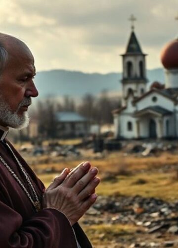 Modlitwa za Ukraińców - moralny obowiązek Kościoła Ksiądz w szatach liturgicznych modli się przed ruinami ukraińskich cerkwi zniszczonych przez rosyjską agresję.