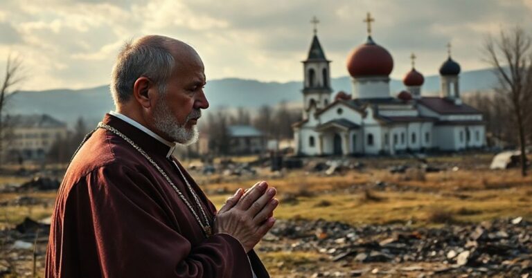 Ksiądz w szatach liturgicznych modli się przed ruinami ukraińskich cerkwi zniszczonych przez rosyjską agresję.