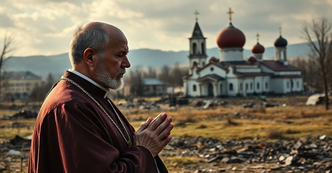 Modlitwa za Ukraińców - moralny obowiązek Kościoła Ksiądz w szatach liturgicznych modli się przed ruinami ukraińskich cerkwi zniszczonych przez rosyjską agresję.