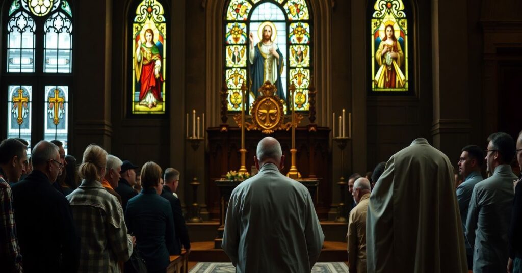 Tradycyjny ksiądz modlący się przed Najświętszym Sakramentem, z tłem bezdomnych ludzi bez duchowej obecności.