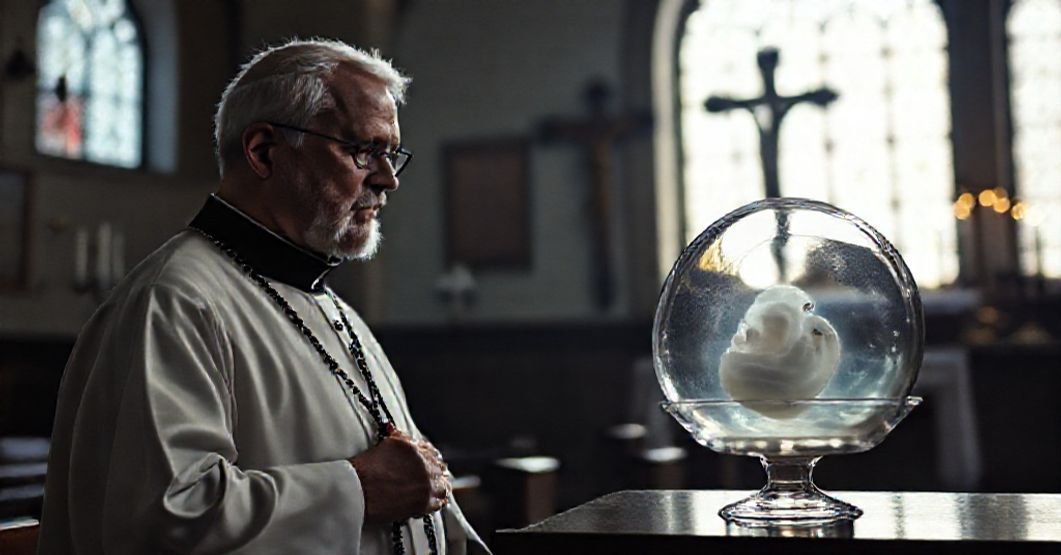 Katolicki ksiądz w kościele z różańcem w ręku, patrząc na zamrożony zarodek w szklance, symbolizujący moralny kryzys metod in vitro i masakrę niewinnych dusz.