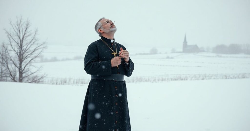 Ksiądz w tradycyjnych szatach stojący na śniegu, modlitwa w czasie burzy śnieżnej