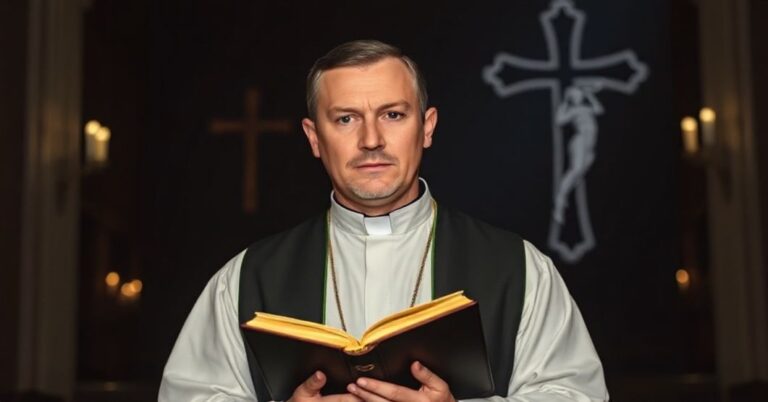 Tradycyjny ksiądz w ciemnym wnętrzu kościoła, trzymający Biblię, z troskliwym wyrazem twarzy.