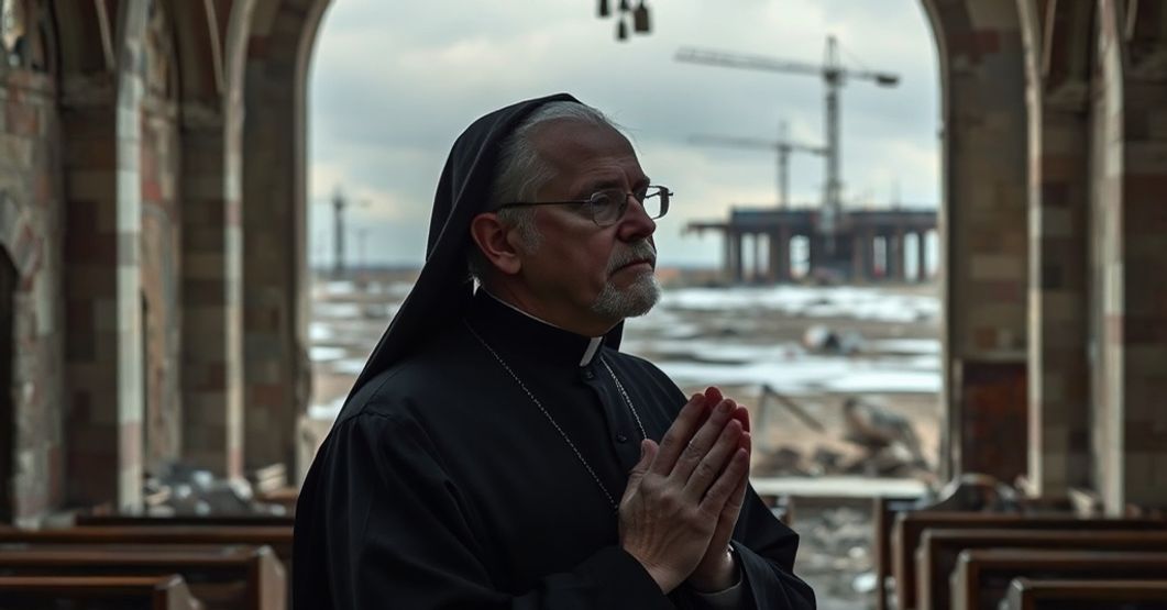 Katolicki ksiądz modlący się w zniszczonym kościele ukraińskim na tle budowy rosyjskiej bazy bombowców strategicznych Engels-2
