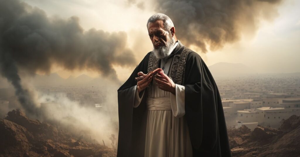 Ksiądz w tradycyjnych szatach modli się w obliczu zniszczeń Strefy Gazy, symbolizując moralny kryzys konfliktu.