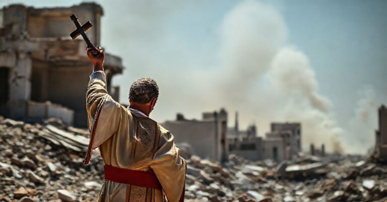 Katolicki książ w tradycyjnych szatach liturgicznych stoi w zniszczonym krajobrazie Strefy Gazy, trzymając krzyż, symbolizując duchową walkę i Boży sąd w czasie konfliktu