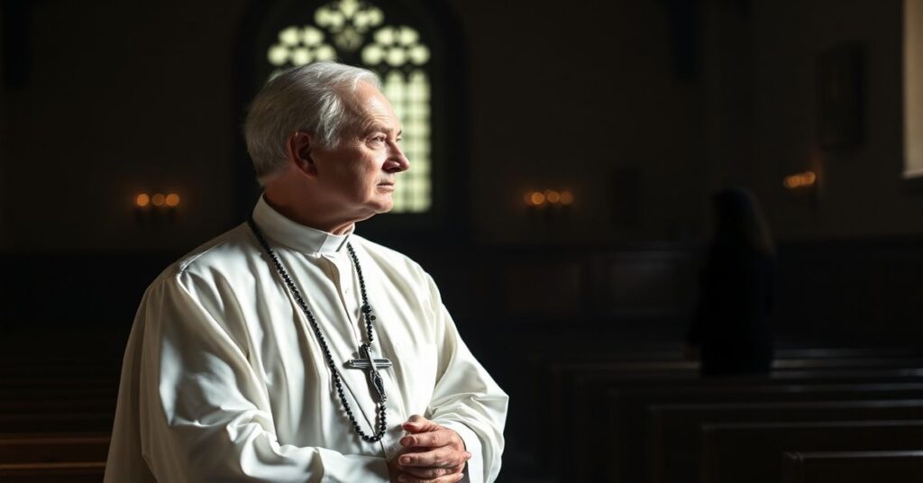 Zdjęcie przedstawiające tradycyjnego księdza w ciemnej kaplicy modlącego się z różańcem, w tle widoczne są symbole korupcji i grzechu.