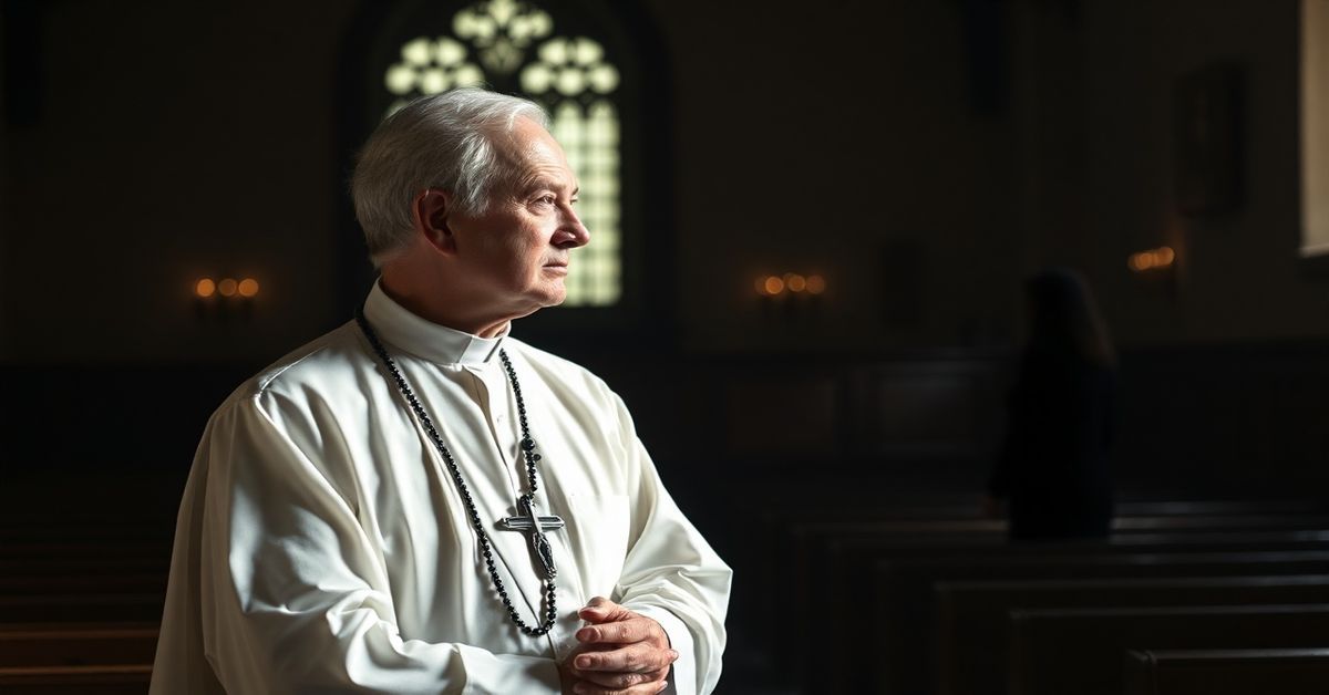 Zdjęcie przedstawiające tradycyjnego księdza w ciemnej kaplicy modlącego się z różańcem, w tle widoczne są symbole korupcji i grzechu.