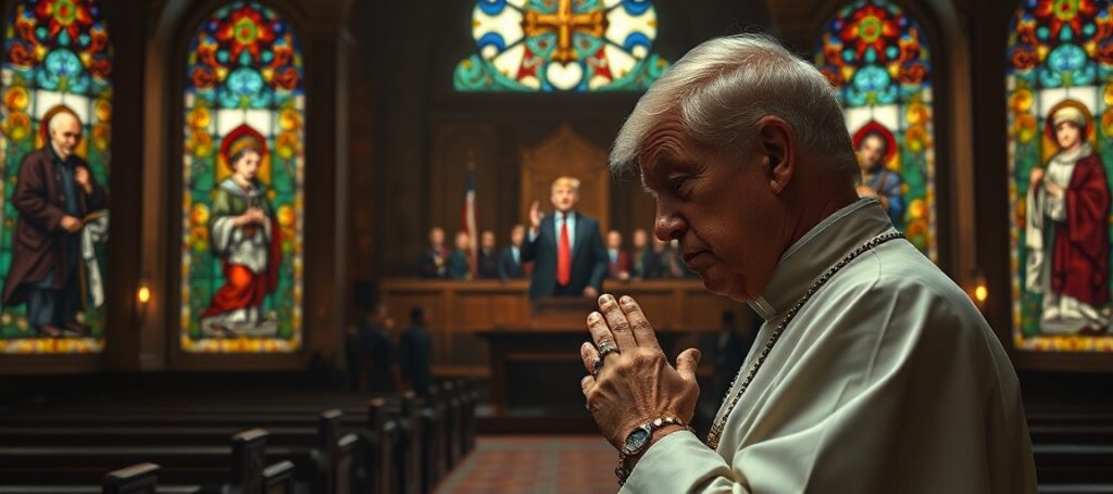 Obraz przedstawiający katolickiego księdza modlącego się w ciemnym kościele z różańcem w ręku. Na tle widoczne jest postacie Donalda Trumpa w sali sądowej otoczonego ochroniarzami.