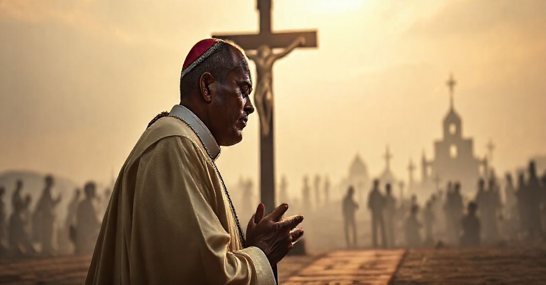 Kneeling priest prays solemnly before a crucifix, with suffering Christians in the background, symbolizing the spiritual battle against persecution in Nigeria.