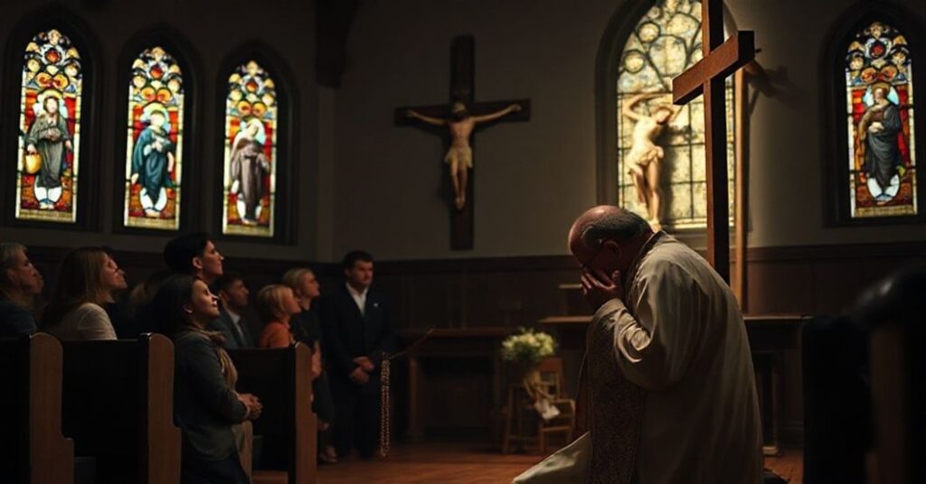 Ksiądz w tradycyjnym stroju liturgicznym modli się w kaplicy przed krucyfiksem, z troskliwymi rodzicami i dziećmi w tle.
