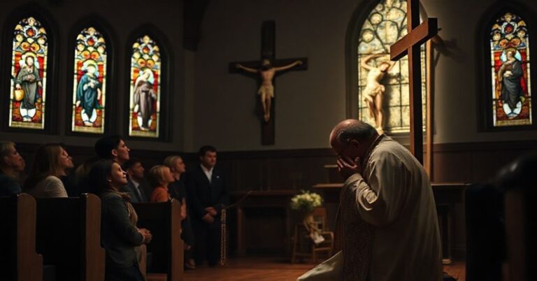 Ksiądz w tradycyjnym stroju liturgicznym modli się w kaplicy przed krucyfiksem, z troskliwymi rodzicami i dziećmi w tle.