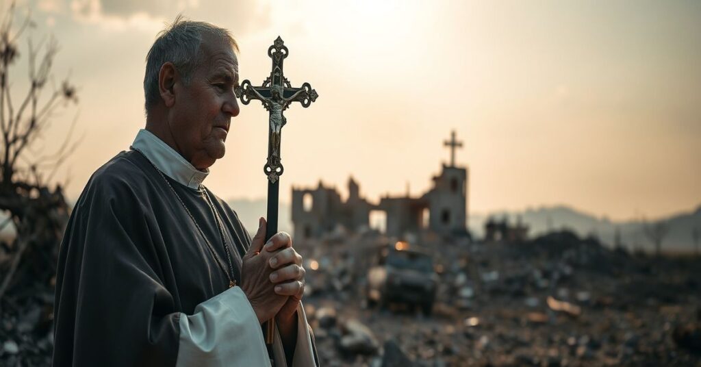 Ksiądz modlący się za pokój przed zniszczonym budynkiem z krzyżem w rękach