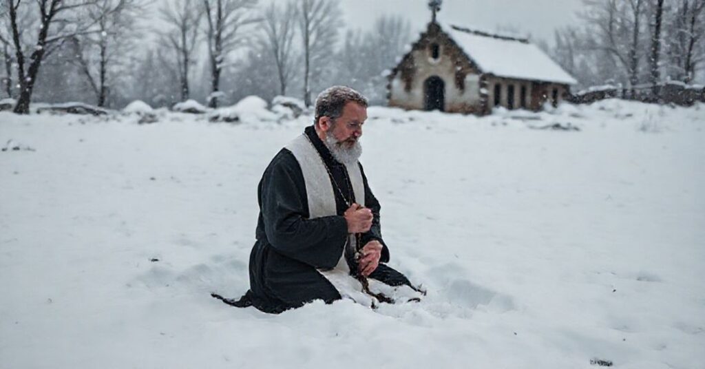 Tradycyjny ksiądz modlący się w śniegu w Małopolsce po burzy śnieżnej, na tle zrujnowanego kościoła