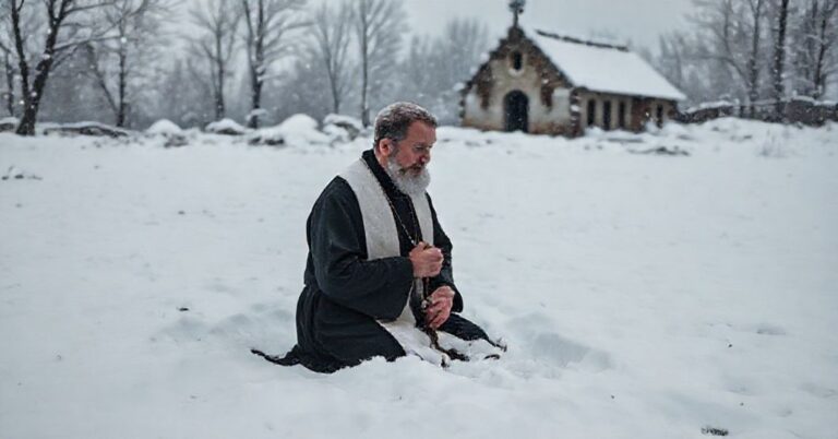 Tradycyjny ksiądz modlący się w śniegu w Małopolsce po burzy śnieżnej, na tle zrujnowanego kościoła
