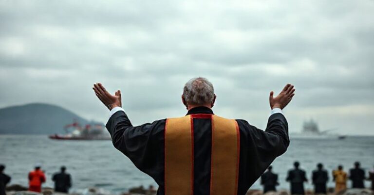 Ksiądz katolicki w tradycyjnym stroju liturgicznym modli się na wybrzeżu spornych wysp Senkaku podczas napiętego starcie chińskich i japońskich okrętów.