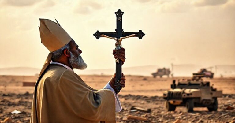 Ksiądz katolicki w tradycyjnych szatach modli się przed zniszczonym krajobrazem Sudanu z krzyżem, na tle pojazdów wojskowych USA i Arabii Saudyjskiej