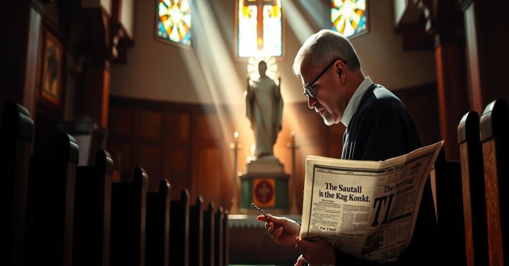 Tradycyjny ksiądz modlący się w kościele przed rzeźbą Chrystusa Króla w obliczu zagrożenia III wojny światowej