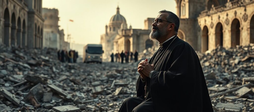 Kneeling Catholic priest praying for souls in war-torn Gaza 2026 with UN aid convoy in background