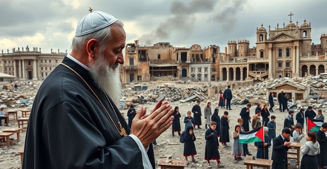Catholic ksiądz w habitzie modli się przed zniszczonymi szkołami w Gazie, symbolizując duchową i moralną opiekę nad dziećmi w kryzysie