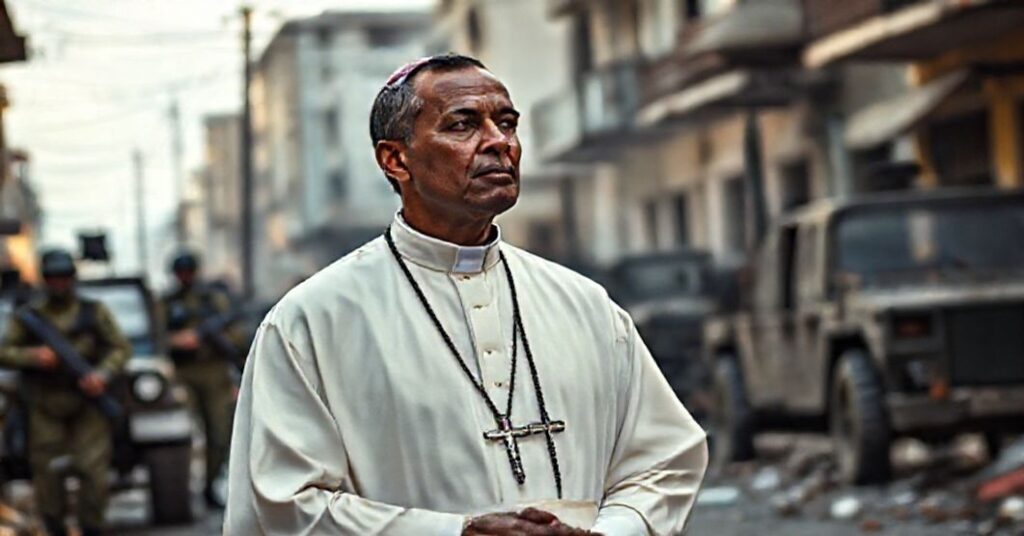 Ksiądz w tradycyjnym stroju katolickim stoi na zniszczonej ulicy na Haiti, trzymając różaniec przed widokiem zniszczeń i obecności wojsk ONZ.