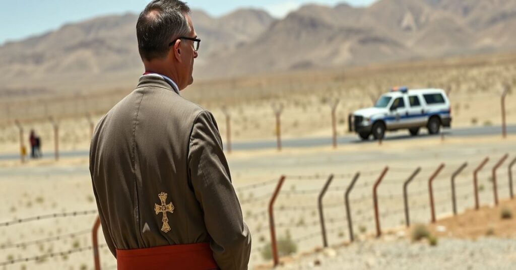 Ksiądz w tradycyjnym sutannie modli się nad granicą USA-Meksyk w tle widoczna jest strzelanina straży granicznej