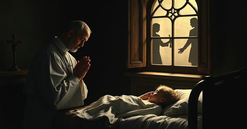 Ksiądz modli się nad łożem chorego dziecka z krzyżem i różańcem podczas cienia lobby eutanazji