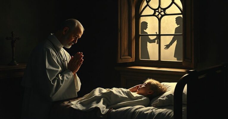 Ksiądz modli się nad łożem chorego dziecka z krzyżem i różańcem podczas cienia lobby eutanazji