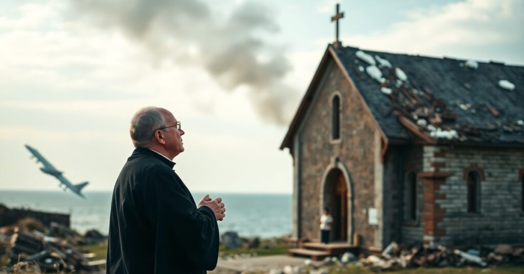 Ksiądz w tradycyjnym habitach modli się przed zniszczonym kościołem nad Morzem Czarnym podczas wojny z dronami