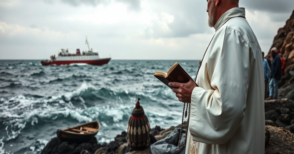 Ksiądz katolicki modlący się nad brzegiem morza w Afryce wobec nielegalnego połowu ryb przez Rosjan