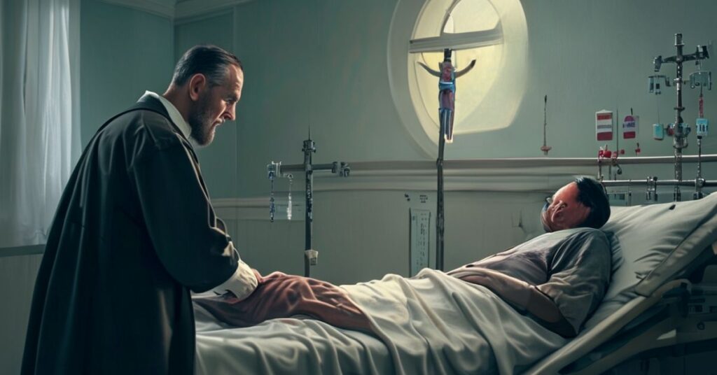 Katolicki ksiądz w tradycyjnych szatach modli się nad pacjentem przygotowującym się do eutanazji w szpitalu