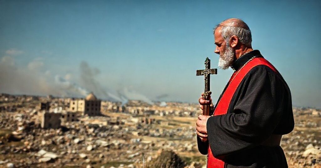 Ksiądz katolicki w tradycyjnych szatach stoi przed zniszczonym krajem w Dżaninie z krzyżem w ręku, symbolizując upadek moralny współczesnych mediów katolickich w obliczu terroryzmu Hamasu.