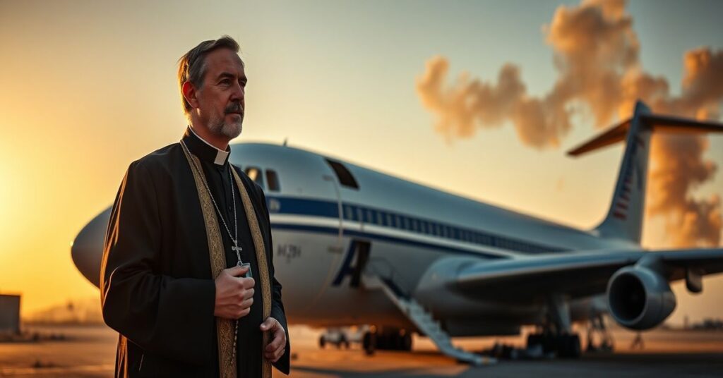 Ksiądz w tradycyjnym ornaty stojący przed uszkodzonym amerykańskim tankowcem powietrznym KC-135 na bazie lotniczej Księcia Sultana w Arabii Saudyjskiej, z dymem w tle. Obszar zdjęcia to dramat wojny bez Boga.