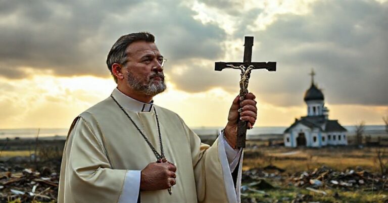 Ksiałdz katolicki w tradycyjnych szatach liturgicznych trzyma krzyż przed zniszczonym ukraińskim pejzażem. Na tle widoczny jest atakowany prawosławny kościół. Podkreśla to duchową walkę między wiarą a modernistycznymi ideami.