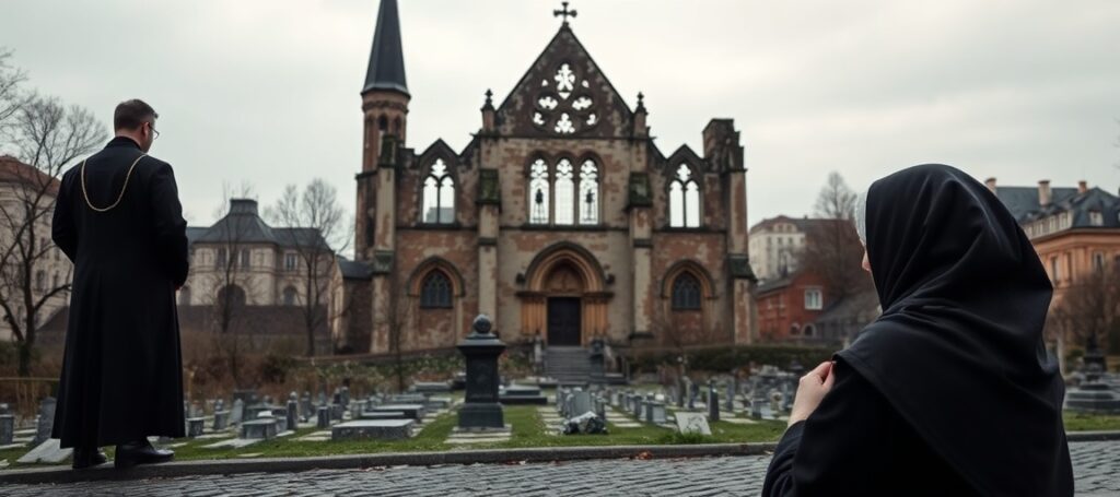 Starszy ksiądz w czarnej sutannie modli się wśród ruin kościoła we Wrocławiu nad losem wypędzonych Kresowian