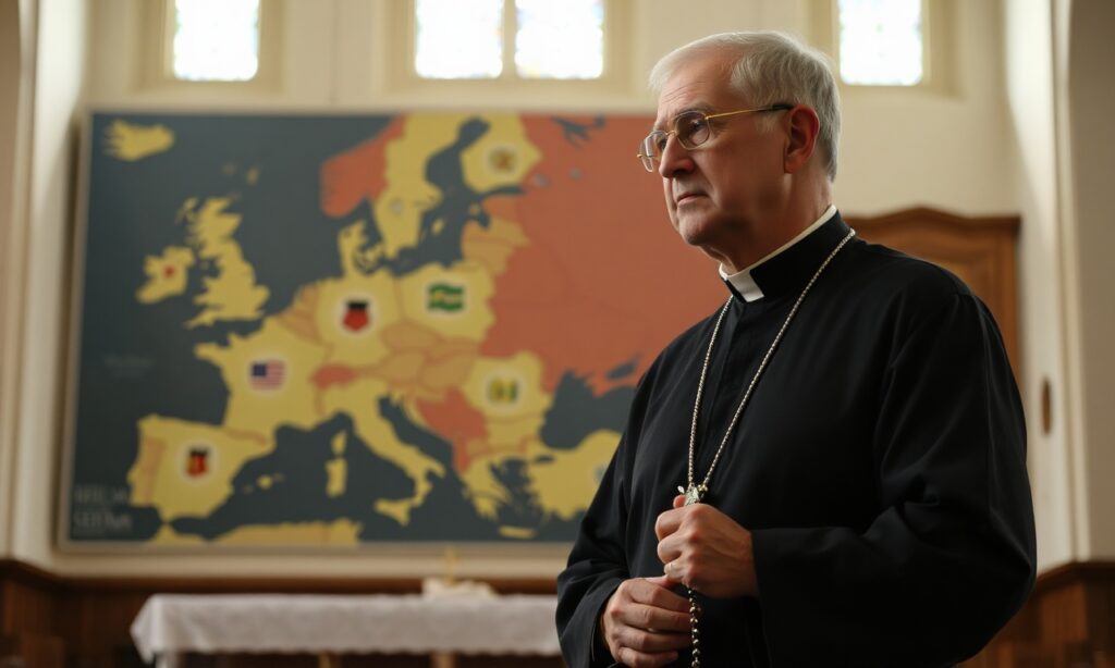 Katolicki ksiądz trzymający różaniec w tradycyjnym kościele z mapą Europy na tle
