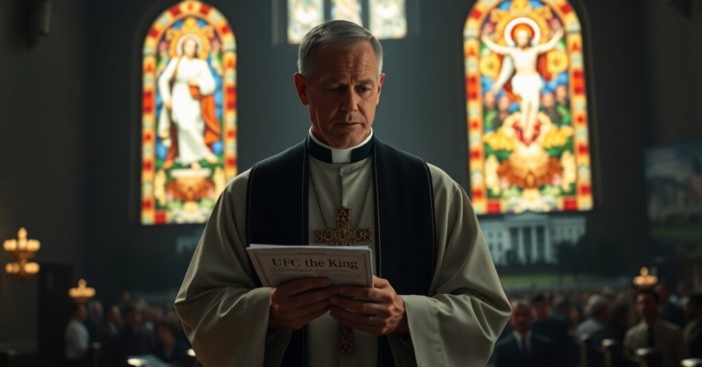 Ksiądz w tradycyjnych szatach liturgicznych trzyma krzyż przed witrażem przedstawiającym Chrystusa Króla, z głębokim smutkiem na twarzy.