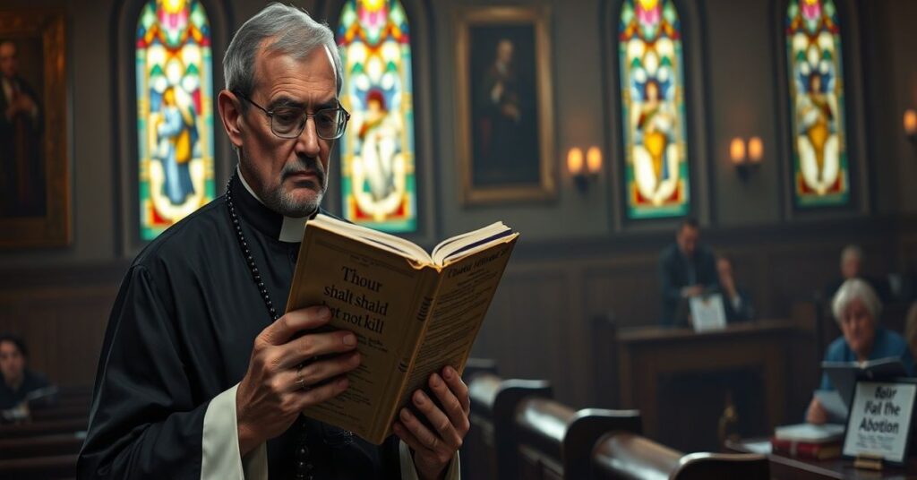 Tradycyjny ksiądz katolicki modli się w kościele z tekstem "Nie zabijaj" na tle debaty senatorki o tabletkach aborcyjnych