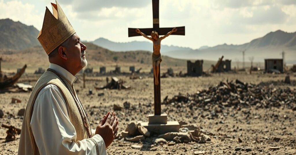 Katolicki ksiądz w tradycyjnych szatach modli się przed krzyżem w Baludżystanie, z tłem zniszczeń przez konflikt