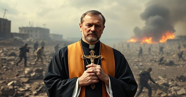 Ksiądz w tradycyjnych szatach liturgicznych modli się o pokój przed zniszczonym krajobrazem wojny.