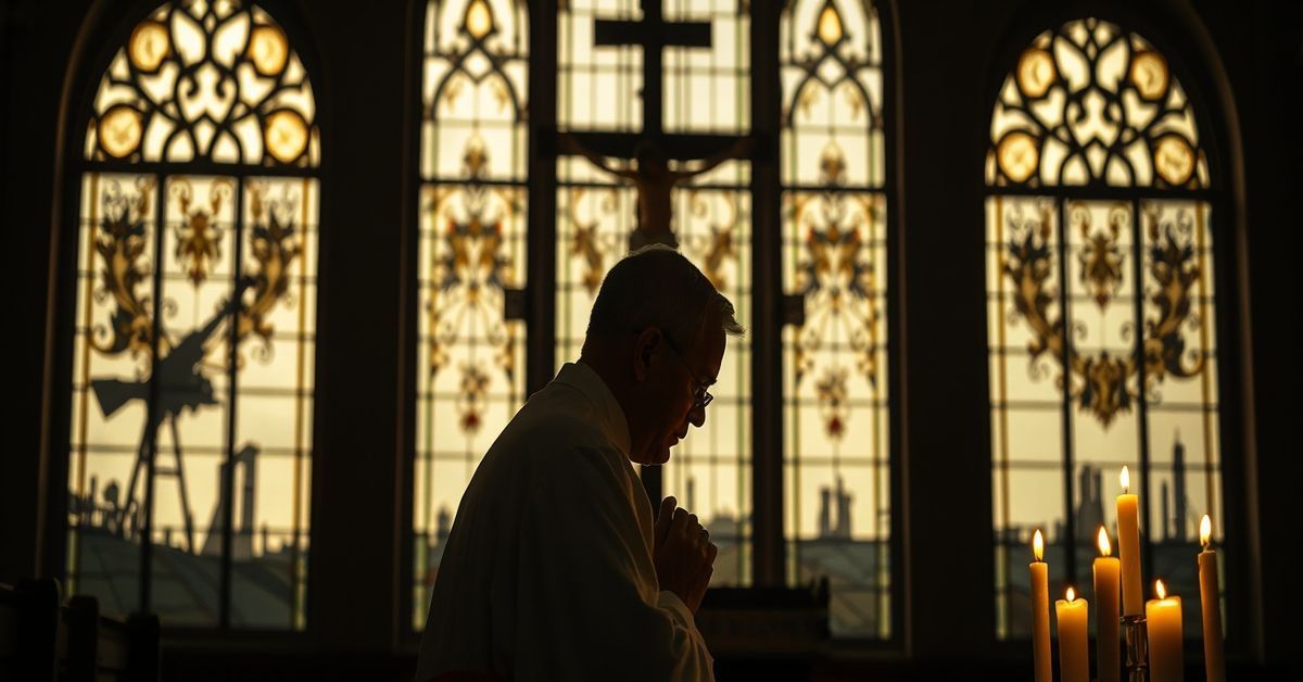 Ksiądz modli się o pokój w czasie wojny - perspektywa katolicka Ksiądz w tradycyjnych szatach liturgicznych modli się o pokój przed zniszczonym krajobrazem wojny.