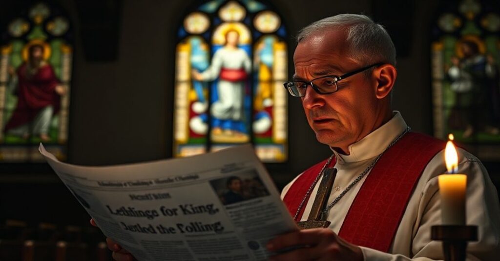 Tradycyjny katolicki ksiądz w ciemnej kościelnej kaplicy z krzyżem w ręku przy słabym świetle świecy i witrażach przedstawiających Chrystusa Króla.