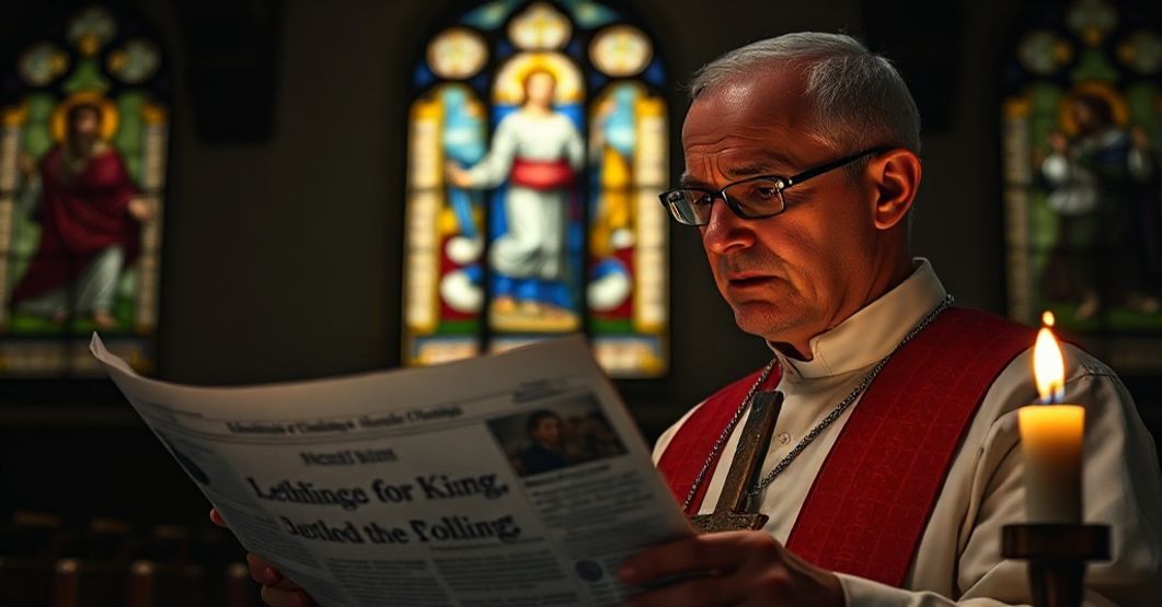 Ksiądz modli się o pokój w czasie politycznego konfliktu Tradycyjny katolicki ksiądz w ciemnej kościelnej kaplicy z krzyżem w ręku przy słabym świetle świecy i witrażach przedstawiających Chrystusa Króla.