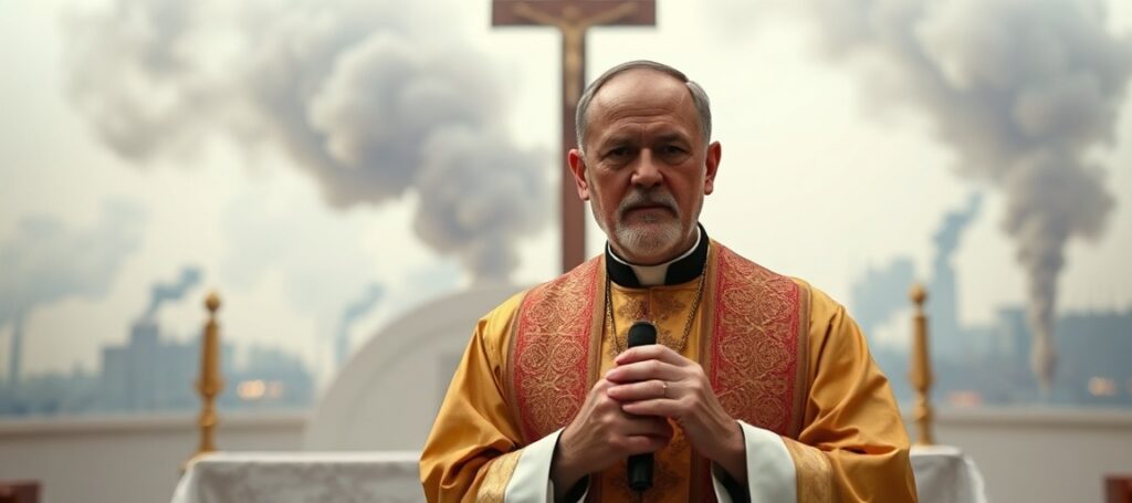 Obraz przedstawiający katolickiego księdza w tradycyjnych szatach liturgicznych stojącego przed ołtarzem kościelnym z krzyżem w ręku. Na tle widoczne jest smutne widok globalnego konfliktu z dymem unoszącym się nad odległymi miastami, symbolizując groźby nuklearne omawiane przez Ebrahima Rezaeiego.